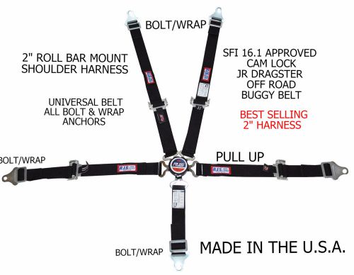 Rjs sfi 16.1 5 pt harness cam lock roll bar mount 2&#034; bolt in belt black 1023601