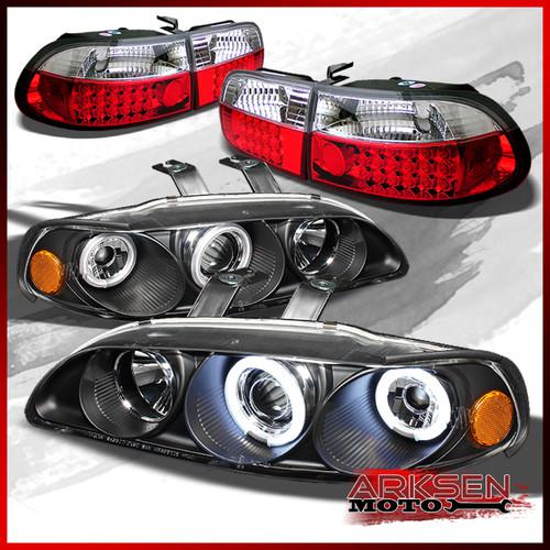 92-95 civic 2dr ccfl halo projector black headlights+red clear led tail lights