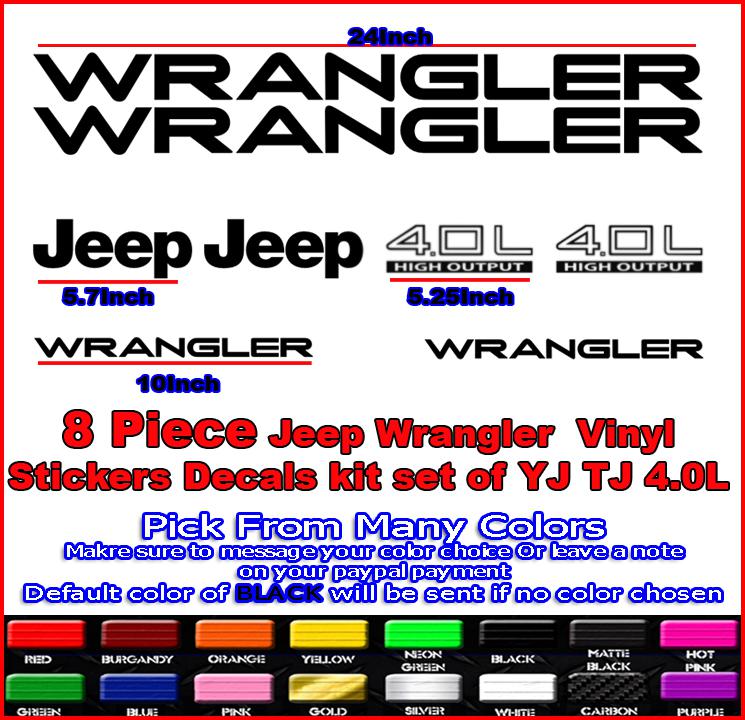 8pc jeep wrangler yj tj cj  decals sticker kit hood front rear fender pic colors