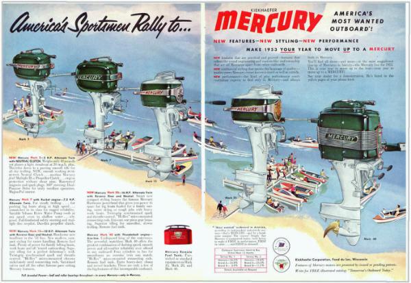 1953 mercury outboard motor 2 page ad - all models - mark 5, 7, 15, 20, 40