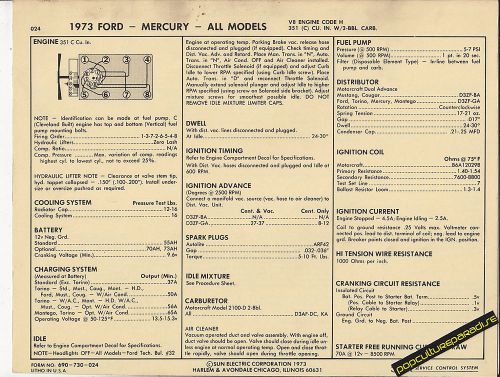 1973 ford mercury all models 351 ci code h mustang car sun electronic spec sheet