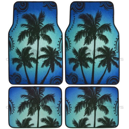 4pc carpet car floor mats set blue palm design front &amp; rear premium