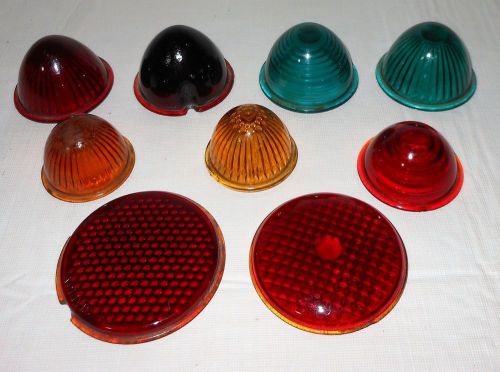 9 vintage glass auto lamp marker lenses: red, blue-green, gold /rat rod-hot rod