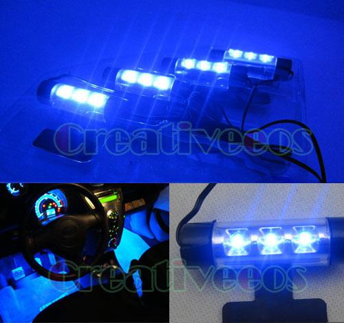 4x 3leds car charge 12v glow interior decorative 4in1 led light lamp blue new