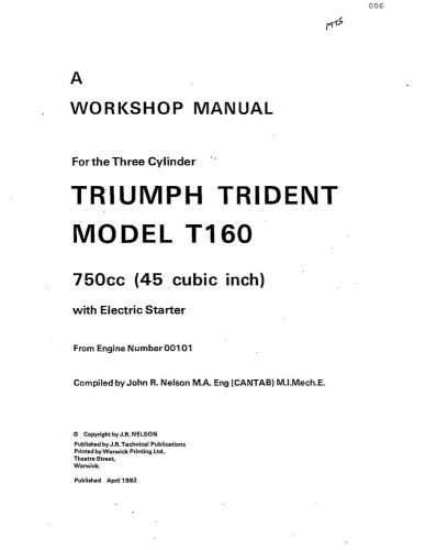 Triumph workshop service manual 1975 &amp; 1976 trident t160 with electric starter