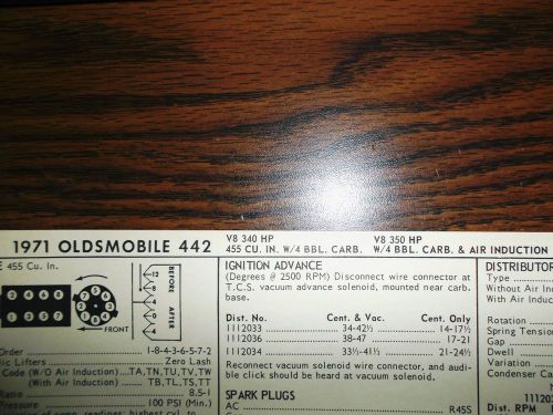 1971 oldsmobile 442 eight series models 340hp &amp; 350hp 455 ci v8 tune up chart