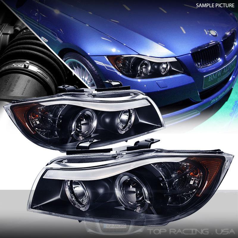 Black dual halo projector headlights pair for bmw e90 3-series / m3 06-08 4dr
