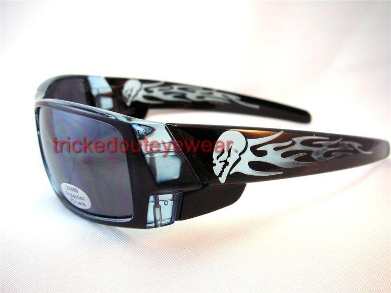 Motorcycle sunglasses black & clear smoke lens laser cut design skulls