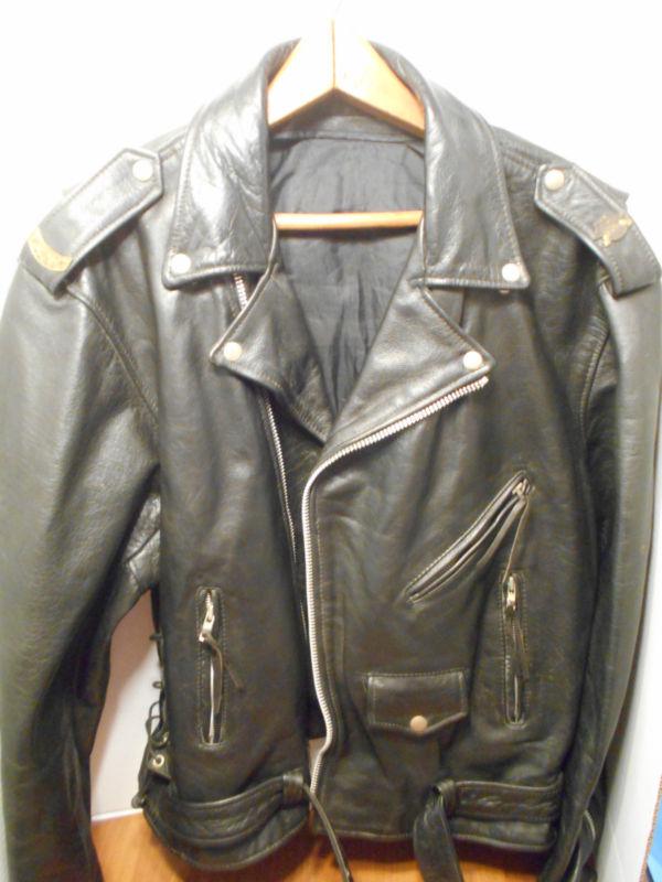Vintage heavy leather authentic motorcycle jacket, harley davidson pins  size 48