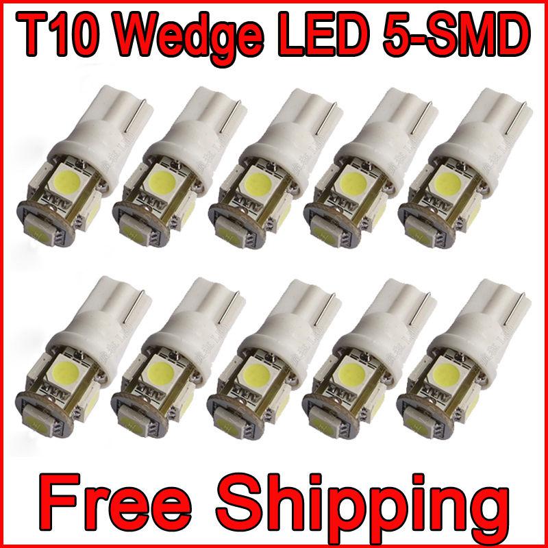 10pcs t10 w5w xenon white car led wedge light bulbs 5-smd 168 194 192 2825 a1