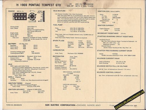 1969 pontiac tempest gto v8 400 ci / 265 hp car sun electronic spec sheet