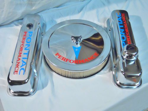 Blue &amp; red lettered  &#034;pontiac performance&#034; chrome valve covers &amp; air cleaner-455