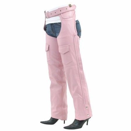 Ladies soft pink feminine leather chaps with braided accents