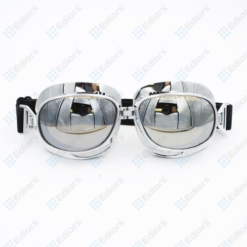 Vintage bike aviator pilot style motorcycle cruiser scooter goggles silver lens
