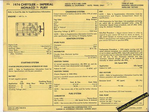 1974 dodge plymouth chrysler imperial monaco fury 440 ci sun electric spec sheet