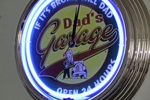 Dads garage blue hot rod gas beer pool garage man cave bar pub sign neon clock