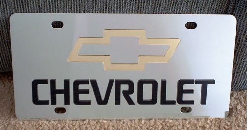 Chevrolet black stainless steel vanity license plate tag bowtie gold