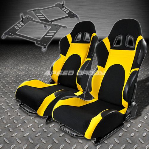 Pair type-6 reclining black yellow woven racing seat+bracket for 00-06 sentra