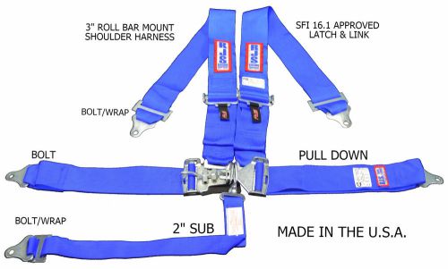 Rjs racing sfi 16.1 5pt latch &amp; link harness belt roll bar mount blue 1127803