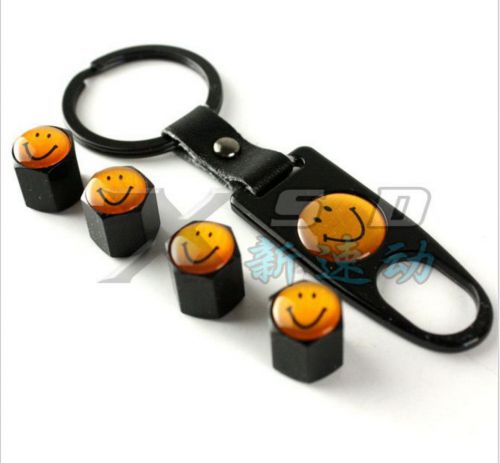 Car air valve caps wheel stems fit for smiling face with keychain combo set