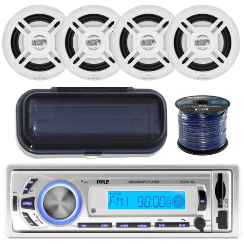 Pyle bluetooth usb marine radio, cover, 6.5&#034; 100w speakers, 16 gauge 50ft wiring