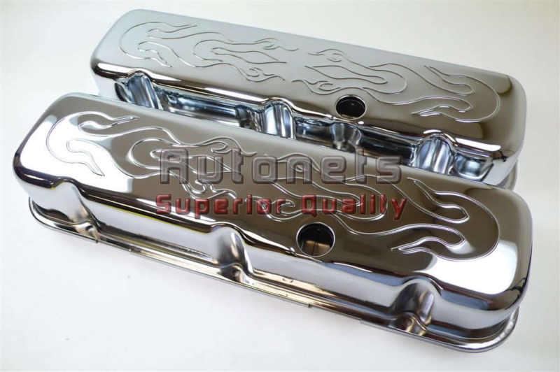 Chevy chrome steel stamped flames big block valve covers 396-427-454-502 short