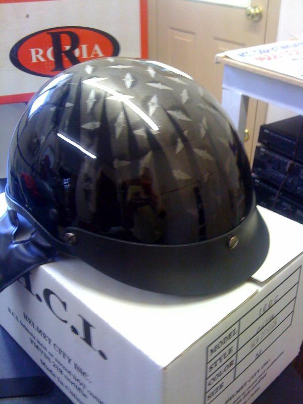 Motorcycle half helmet black background w/diamond plate design