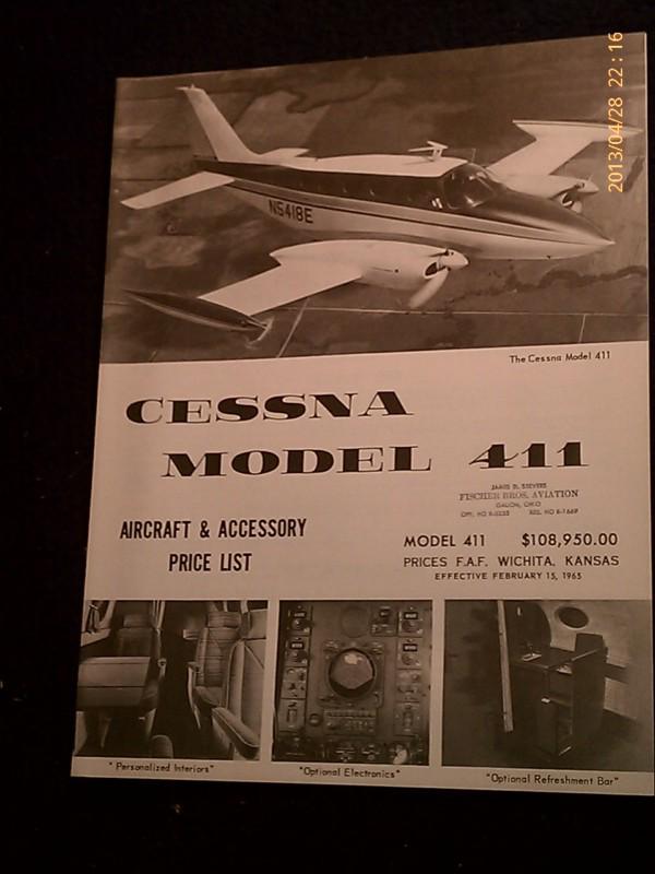 Cessna model 411 aircraft & accessory price list from 1965