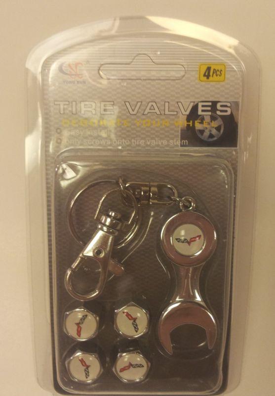 Chevrolet corvette wheel tire valve cap badge emblem keychain w/ wrench set