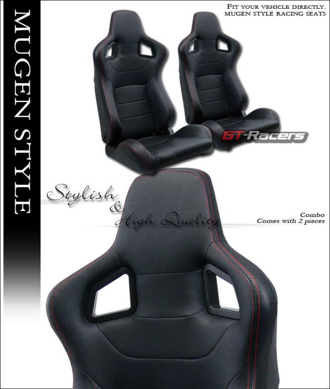 Mu style blk pvc leather red stitch racing bucket seats+sliders left+right chevy