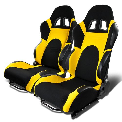 X2 pair full reclinable left+right black/yellow canvas/woven bucket racing seats