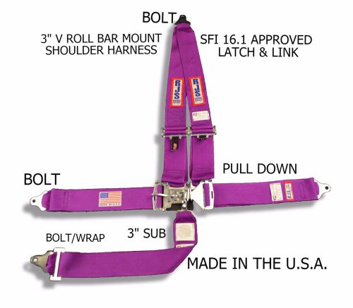 Rjs sfi 16.1 latch &amp; link 5 pt harness v roll bar mount bolt in purple 1126208