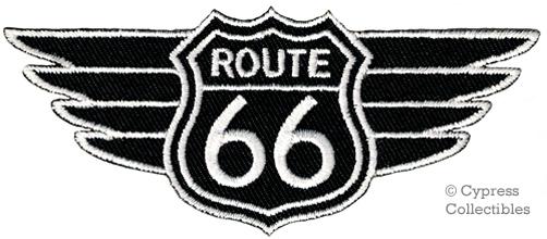 Route 66 biker patch embroidered iron-on highway road sign emblem wings black