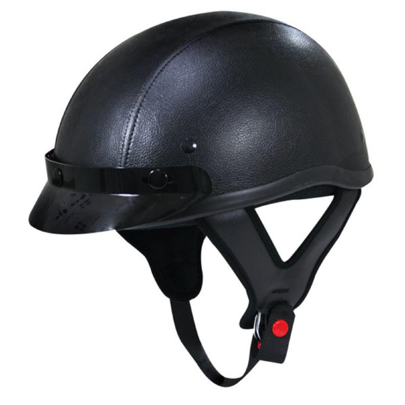 Dark rider black leather motorcycle biker d.o.t. half helmet snap visor xl