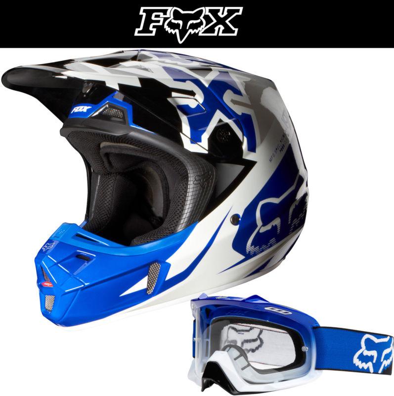 Fox racing v2 anthem blue white dirt bike helmet with blue fade airspc goggle