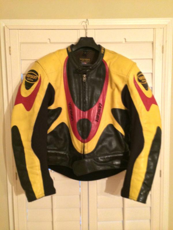 Vanson spyder leather motorcycle jacket - mens size 50 - black/yellow and red