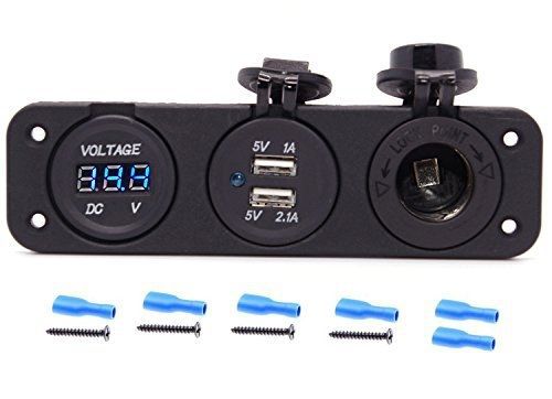 Cllena triple function dual usb charger + blue led voltmeter + 12v outlet socket