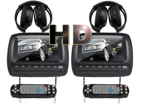 Black 2pcs 9&#034; hd car dvd player headrest pillow radio fm usb/sd game+headphones