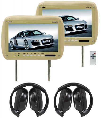 Pair tview t110pl tan/beige 11.2&#034; headrest video monitors + 2 wireless headsets