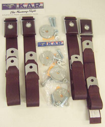 1966 & 1967 classic mustang maroon  seat belts; set of 4! star burst emblem