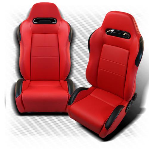 2x black red pvc leather red stitch reclinable jdm tr style racing seat+slider