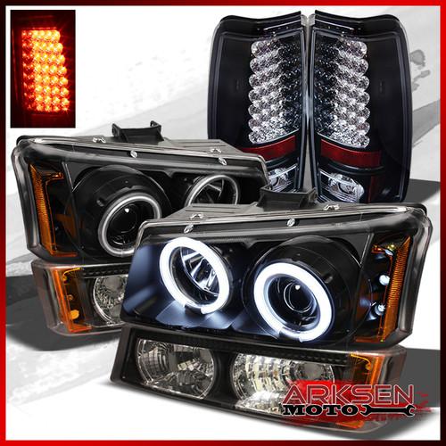 03-06 silverado black ccfl halo projector headlights+bumper+blk led tail lights