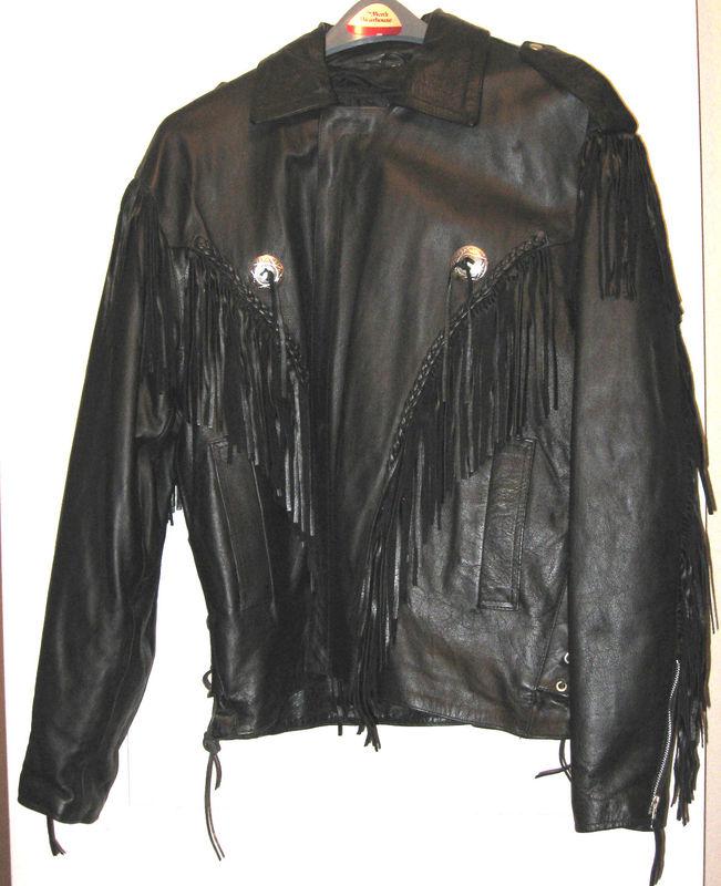 Men's leather motorcycle jacket with conchos and fringe