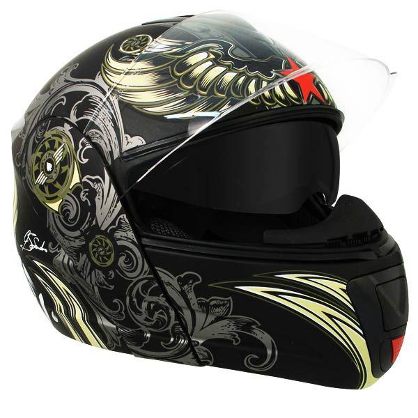 Hawk aviator skull dual visor modular black matte helmet (size: xl)