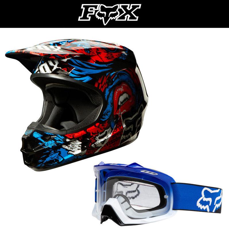 Fox racing v1 creepin blue red black dirt bike helmet w/ blue fade airapc goggle