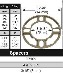 C7109 3/16" or 5mm thick 4 & 5 lug on 4.5 or 114.3  universal rim wheel spacer