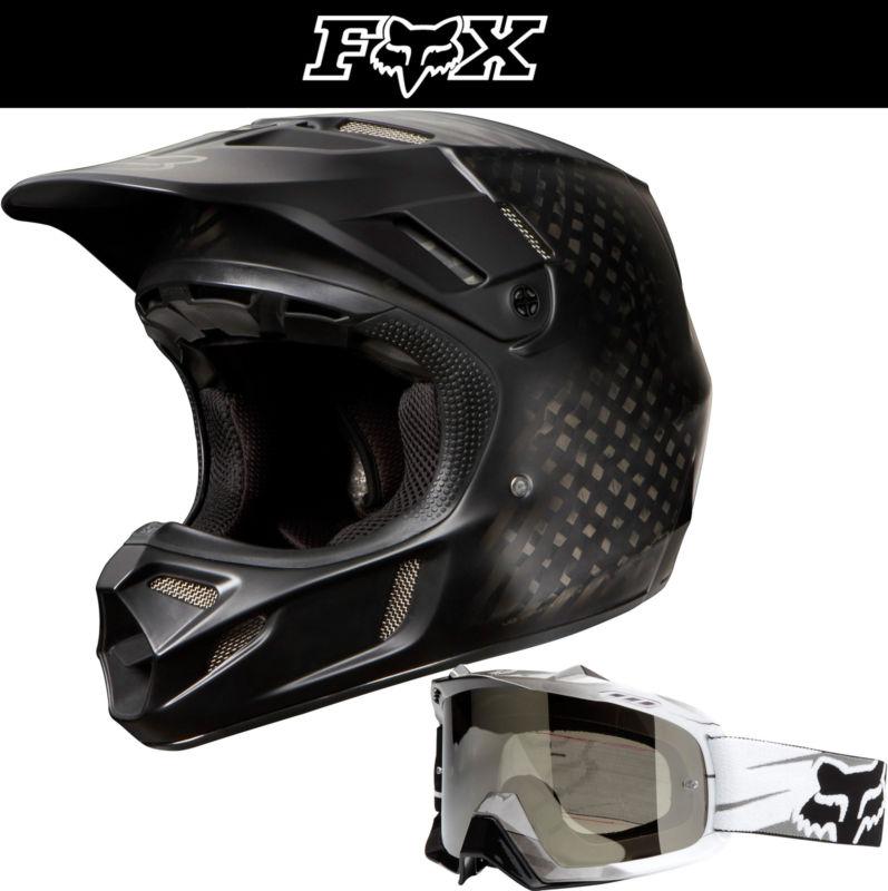 Fox racing v4 carbon matte black dirt bike helmet w/ tracer white airspc goggle