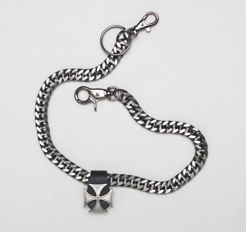Black chrome / gunmetal 18&#034; wallet chain w/ iron cross on leather fob