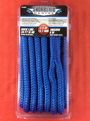 Dock line double braided nylon rope 1/2&#034; x 20&#039; blue shoreline sl75832