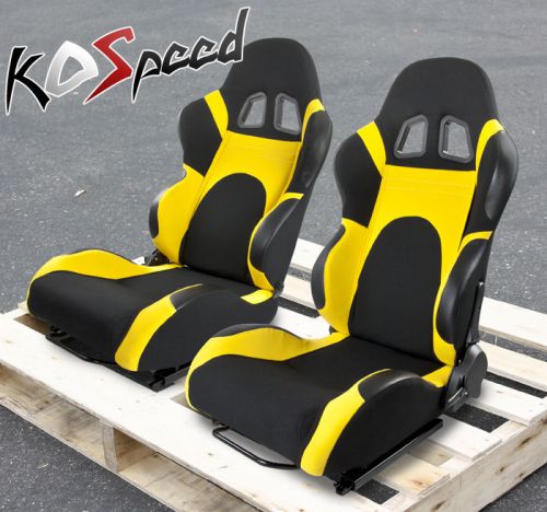 Type-6 black and yellow woven fabric fully reclinable racing seats pair+sliders